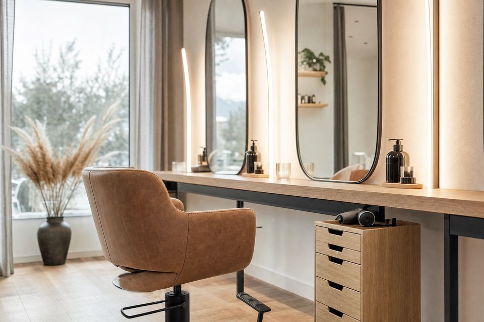the room seen from a different angle, detail of the working area, chairs and mirrors, no people